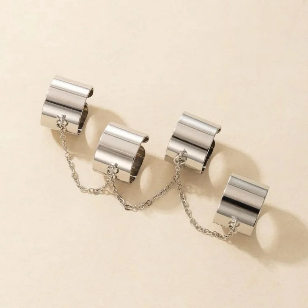 New Silver Stainless Steel Boheme Minimalist 4pcs Cuff Ring With Chain